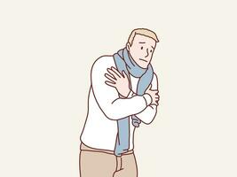 Young man in sweater and scarf shivering from cold feel sick simple korean style illustration vector