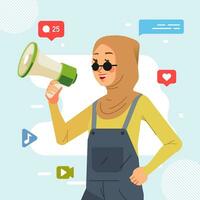 Muslim light brown hijab young girl holding megaphone shouting loud announcing social media Promotion advertising concept vector