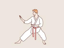 Man practice karate red belt stance ready to training simple korean style illustration vector