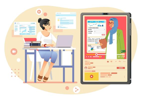 young girl studying at home in online class, teacher explain the lesson through video