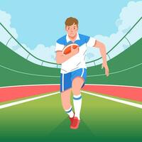 Rugby player running across the perspective center field carrying the ball vector