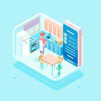 Isometric mother opening mobile banking transacting while working in the kitchen user interface illustration template vector