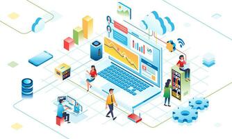 isometric illustration of cloud digital activity on internet, metaphor of people working in cloud system with computer, server and internet connection vector