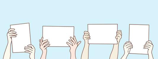 hand holding lift up white blank banner paper simple korean style illustration vector