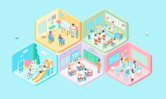 Isometric cells educational activity classrooms, kindergartens, elementary schools, lectures, canteens and laboratories. pastel color palette vector