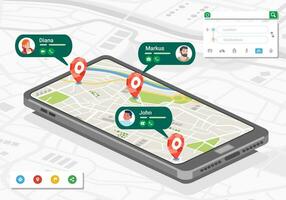 isometric illustration of people location and contact in map application on smartphone vector