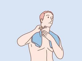 Man shaving his face and  with a towel on his shoulders simple korean style illustration vector