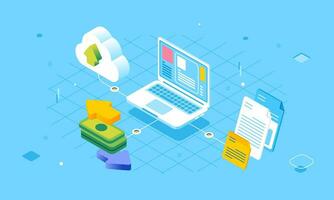 Isometric online network transfer payment, document, cloud computing concept flat 3D vector