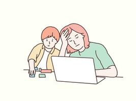 Mother is dizzy working in front of a laptop, child playing next to her korean style vector