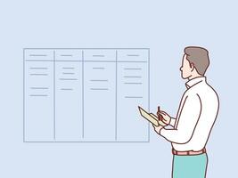 Businessman looks at the list table on the wall to organize the plan simple korean style illustration vector
