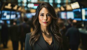 a woman in a business suit looking at camera on stock market, Generated Ai photo