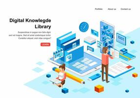 Isometric digital knowledge library with two people character man and women reading digital book illustration vector