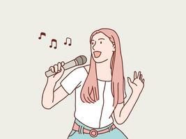 happy exited woman having fun sing a song to microphone simple korean style illustration vector