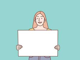 Woman girl holding lift up a white blank banner paper simple korean style illustration vector