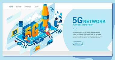 isometric illustration of 5G technology network system illustrated with many people acessing internet from their laptop, rocket launch and big phone vector illustration