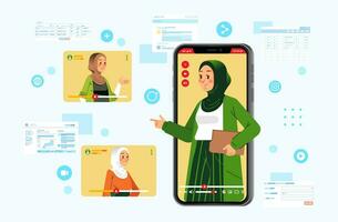 young hijab women doing online presentation through the video, graphic and chart as background vector