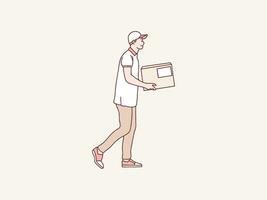 smiling delivery courier walking holding package parcel box shipping service simple korean style illustration vector