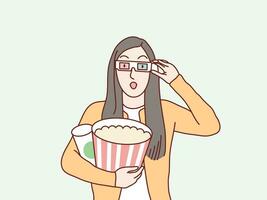 Exited woman in 3d glasses watch movie film, hold bucket of popcorn cup simple korean style illustration vector
