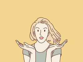 Pardon happy  have no idea clueless shrug shoulders confused gesture woman simple korean style illustration vector