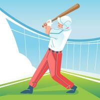 A baseball player hits the ball with a bat on field. Baseball player in action. Flat vector illustration