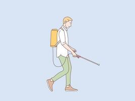Man walking and spraying a sanitizer disinfectant simple korean style illustration vector