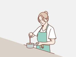 Mom getting to cook with a pan and a apron simple korean style illustration vector