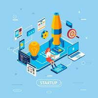 creative concept of business startup with rocket, women character, laptop, computer, smartphpone and other element 3D isometric vector illustration