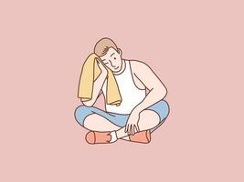 man tired resting sit after training workout wipe with towel simple korean style illustration vector