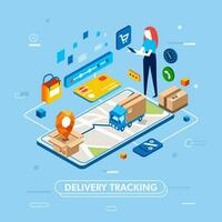 modern isometric design of women tracking delivery order or shipping using mobile application in smartphone. online shopping process from buying until shipping the product vector illustration