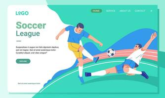 Illustration Soccer player character on field sport and Landing Page Design for web page and app concept vector