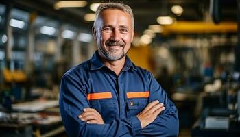 un masculino industrial ingeniero vistiendo un la seguridad casco y otro protector equipo trabajos cuidadosamente en un fabricación fábrica, asegurando el la seguridad y eficiencia de operaciones. generativo ai. foto