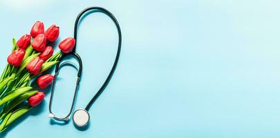 Happy nurse's day. Health day. Stethoscope, tulips, on blue background. Greeting background. National doctor's day. Top view, Copy space on right. Thank you, doctors and nurses. Selective focus photo