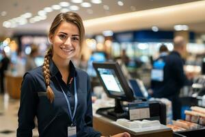 A happy waitress with a warm smile greets customers at the counter, providing excellent service and making them feel welcome. Generative Ai photo