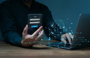 Businessman sign in for protecting personal data on smart phone with virtual screen interfaces. Cybersecurity and privacy concepts to protect data. Lock icon and internet network security technology. photo