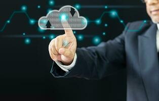 businessman hand hold datum digital cloud to connection network for download, upload database business information to storage server, man use technology internet on cyberspace online system for access photo