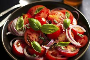 Healthy tomato salad with onion basil olive oil and balsamic vinegar. AI Generated photo