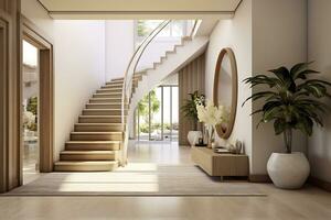 The interior design of the modern entrance hall with a staircase in the villa. AI Generated photo