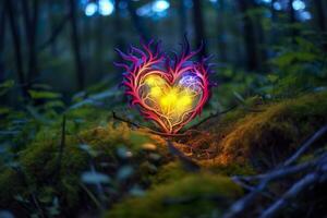 Glowing bioluminescent plant shaped like a human heart, in a mysterious forest. Generative AI photo