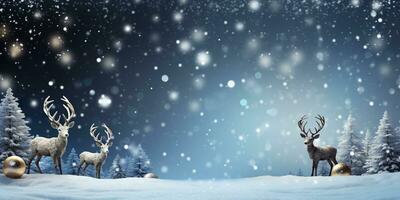 Deer standing in winter snow background with Christmas tree. Merry Christmas and Happy New Year. AI Generated photo
