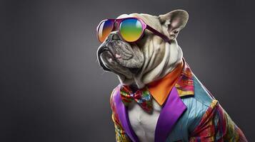 Cool looking bulldog wearing funky fashion dress. space for text right side. AI Generated photo