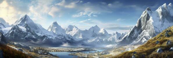 The beauty of a majestic and snow capped mountain range, with rugged peaks, AI Generative photo