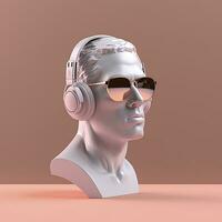 mínimo escena de Gafas de sol y auriculares en humano cabeza escultura, música concepto, 3d representación. ai generativo foto