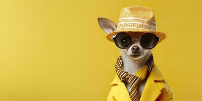 frio mirando chihuahua perro vistiendo miedoso Moda vestido. espacio para texto Derecha lado. generativo ai foto