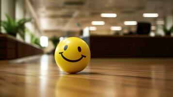 un amarillo sonriente pelota lata promover un positivo trabajo ambiente. generativo ai foto