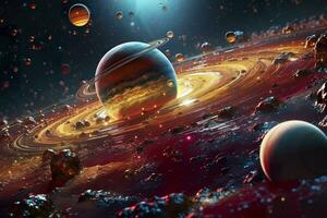 3D image of stars and planets floating in space. AI Generative photo