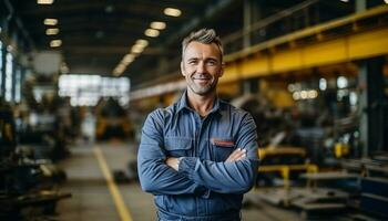 A male industrial engineer wearing a safety helmet and other protective equipment works carefully in a manufacturing factory, ensuring the safety and efficiency of operations. Generative Ai. photo