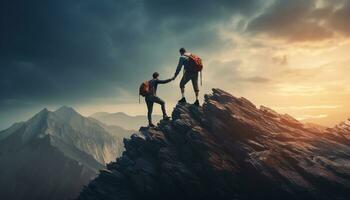 A mountaineer reaches out a helping hand to his teammate, demonstrating the importance of teamwork and motivation in achieving success in the face of challenging conditions. Generative ai photo