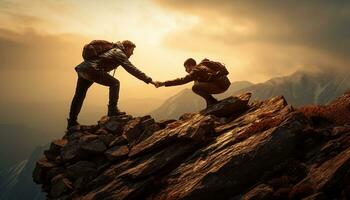 A mountaineer reaches out a helping hand to his teammate, demonstrating the importance of teamwork and motivation in achieving success in the face of challenging conditions. Generative ai photo