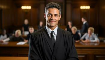 un masculino abogado soportes con confianza en el sala de justicia, un retrato capturar su profesionalismo y Dedicación a el ley. generativo ai. foto