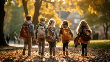 A group of happy young students, including a girl, and boy with a backpack, walk to school together, chatting and laughing as they enjoy their friendship and the excitement of learning. Generative Ai photo